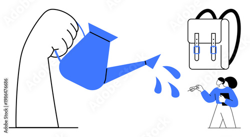 Education, creativity, sustainability, digital communication, minimalism, lifestyle. A hand waters, a backpack and a person with a phone in blue tones. Education and creativity concepts