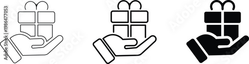 Gift in Hand Icon Set – Donation, Charity, Present Giving Symbols, Line and Solid Vector