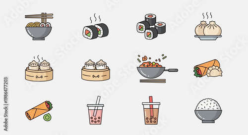 Asian Food Icon Set Flat Line Art - Ramen, Sushi, Dim Sum, Wok, and Bubble Tea.
