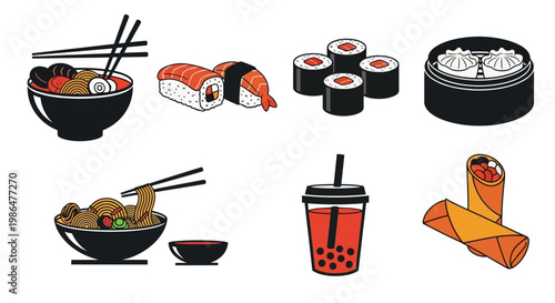 Asian Food Vector Icon Set: Ramen, Sushi, Dim Sum, Boba Tea, and Spring Rolls Illustration
