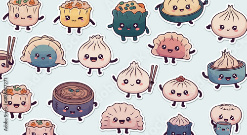 Cute Dim Sum Chibi Sticker Pack, Kawaii Asian Food Characters, Adorable Dumpling, Gyoza and Siomai Vector Set.