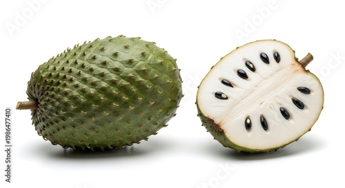 Green Spiky Soursop Fruit Whole and Halved Showing Seeds on White Background
