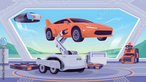 Robotic arm lifting an orange sports car in a futuristic garage with flying vehicles and robots