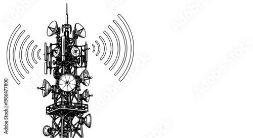 Transmitter tower vector illustration with detailed antenna and signal waves communication design isolated on white