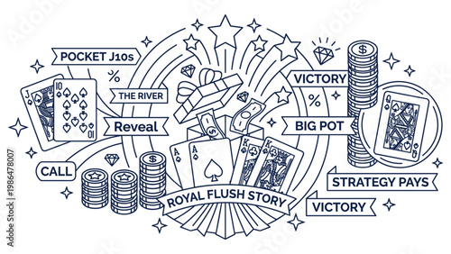 A detailed line art illustration of poker game elements showing royal flush and chips.