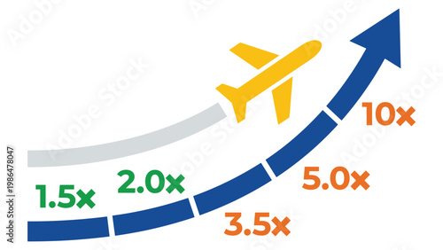 Airplane flying through the sky with an increasing multiplier showing growth and progress.