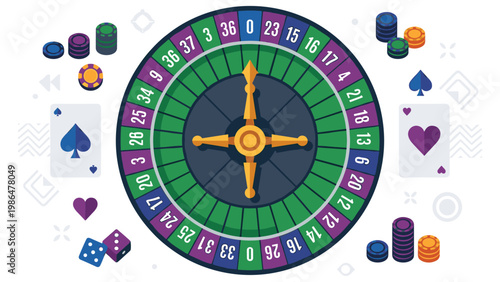 A vibrant casino roulette wheel with playing cards and stacks of poker chips illustration.
