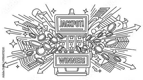 Line art jackpot slot machine with coins exploding from a winning casino game.