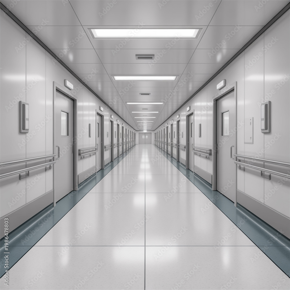 Fototapeta premium Modern sterile hospital corridor with doors and handrails, clean and empty
