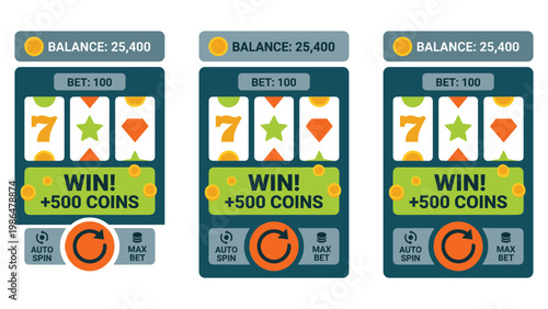 Three slot machine screens displaying win and bonus coins for mobile game.