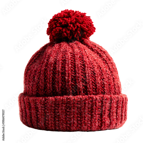 red knitted beanie with pompom, isolated on transparent background