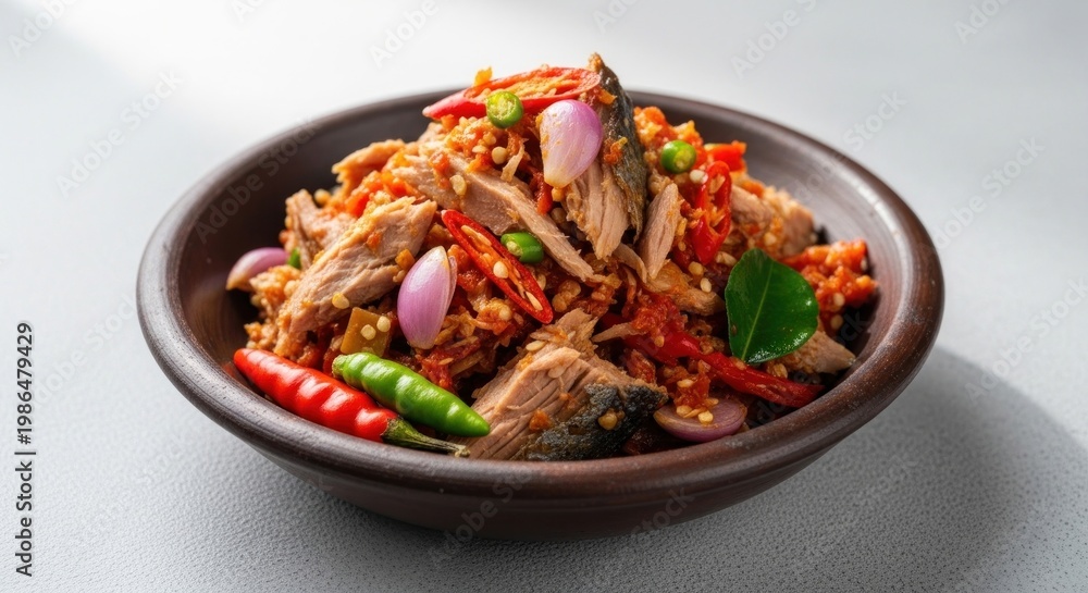 Fototapeta premium Shredded tuna mixed with sliced shallots and chilies in a clay bowl