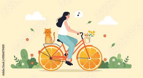 Young woman pedals a bright bicycle with a cat companion through a sunny garden and park scene.