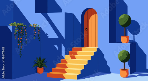 Bright blue courtyard scene with yellow stairs and orange door among potted plants.