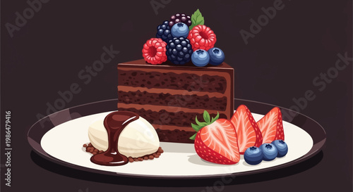 Creamy chocolate cake dessert with fresh berries on a plate, a decadent treat centerpiece.