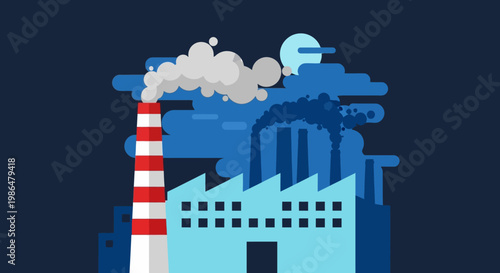 Industrial factory with smokestacks emitting smoke under a blue sky, illustrating urban industry and manufacturing operations.