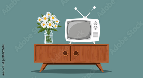 Retro TV on a wooden sideboard with flowers in a vase still life scene.