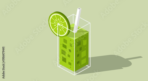 Refreshing green lime and mint drink in glass with straw and lime garnish.