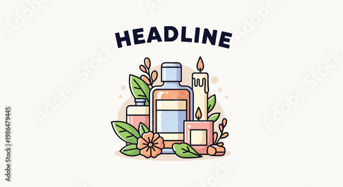 A colorful illustration depicts various aromatherapy products including bottles candles and floral elements creating a calming aesthetic high quality professional detailed modern elegant