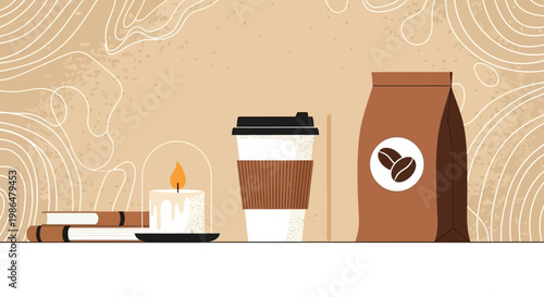 Cozy morning scene with coffee cup, pastry, and bag of beans on a warm patterned backdrop.