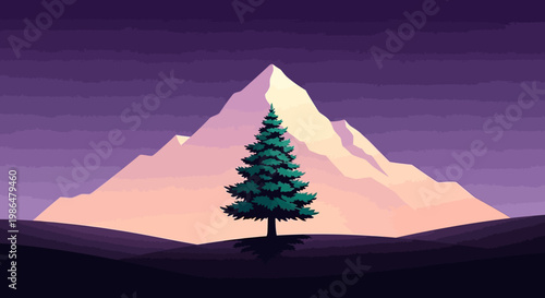 Serene Stylized Mountain Landscape with Lone Tree at Dusk.