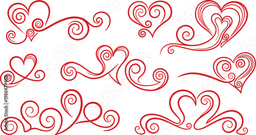 A collection of intricately designed red hearts and swirling flourishes creates a visually appealing and romantic decorative pattern high quality professional detailed modern