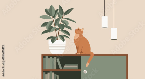 Orange cat perched on a cabinet with a potted plant.