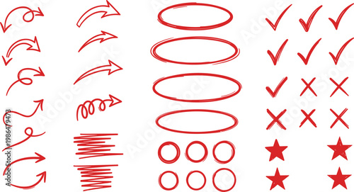 A collection of hand drawn red arrows circles checkmarks x marks and stars on a plain white background high quality professional detailed modern