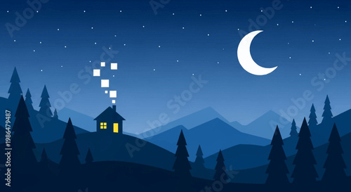 Tranquil Nighttime Forest Landscape with Crescent Moon and Cozy Cottage.