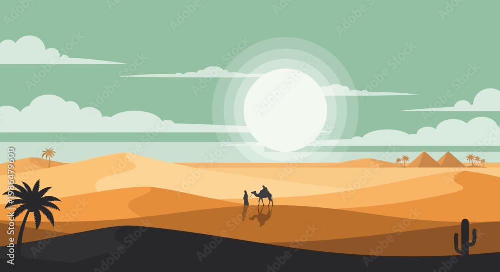 Fototapeta premium Golden desert dunes under a bright sun with a distant camel and traveler silhouette.