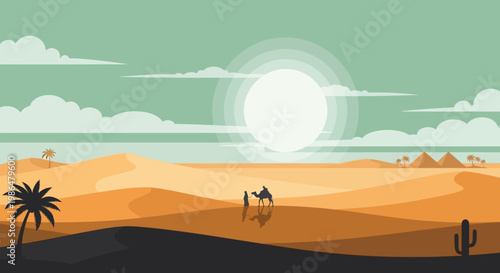 Golden desert dunes under a bright sun with a distant camel and traveler silhouette.