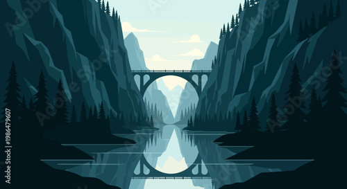 Serene blue canyon landscape with a distant arched bridge over still water and dramatic cliff walls.
