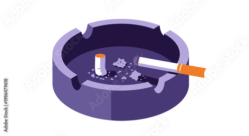 Illustrated ashtray with a cigarette and lighter resting on a purple tray in a stylized scene.