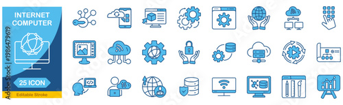 Internet computer web icons In Blue Monochrome. Editable stroke. Vector illustration