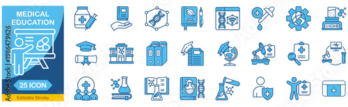 Medical Education web icon set In Blue Monochrome. Student, learning, book, collection. Editable stroke. Vector illustration. 