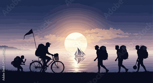Group of hikers and travelers on a sunset beach with a distant sailboat and calm sea landscape.