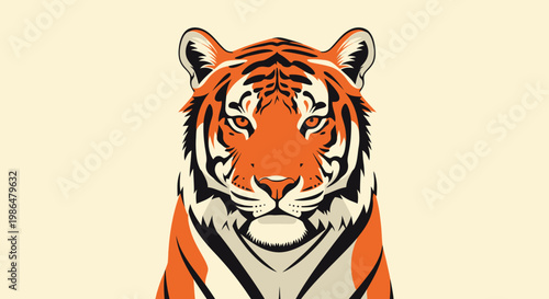 Stylized orange tiger portrait with bold stripes and soft beige background.