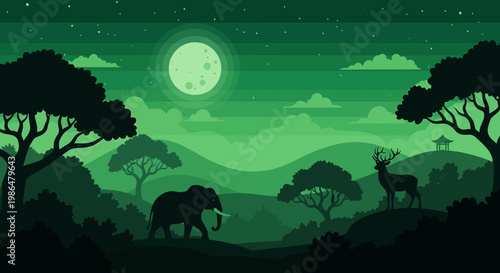 Moonlit forest landscape with silhouetted deer beneath a calm starry sky.