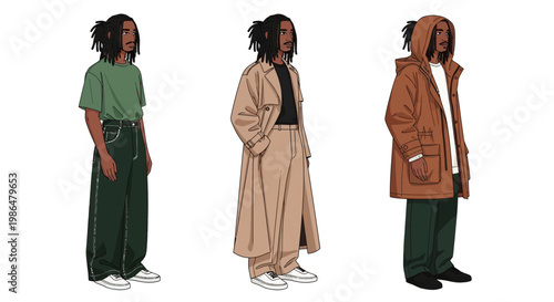 Three stylish individuals showcase varied outerwear and relaxed outfits in street fashion.