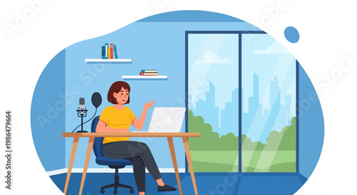 Bright home office scene with a person working at a desk by a large window.