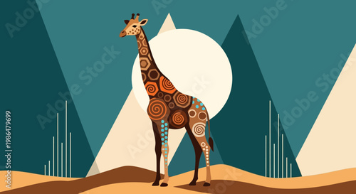 Stylized desert scene with a tall giraffe amid geometric mountains and a large sun in bold colors.