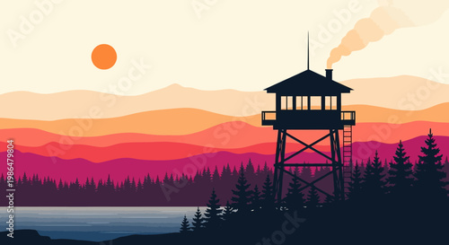Serene lake sunset with a wooden lookout tower overlooking a pine forest and calm water.