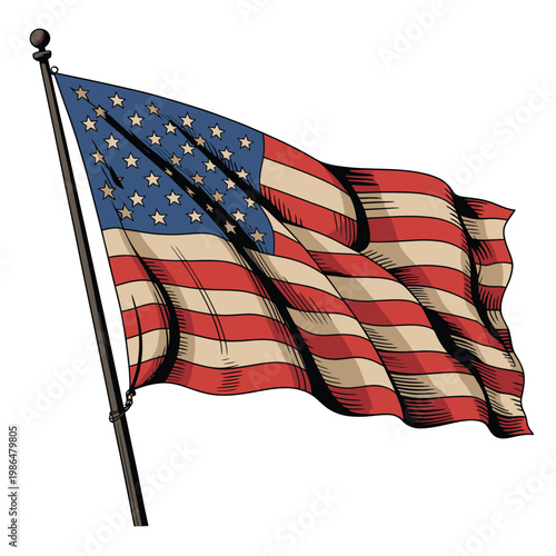 Illustration of waving United States and United Arab Emirates flags with red white blue stripes and stars in a patriotic national banner style