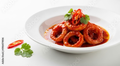 Spicy squid rings in red chili sauce on a white plate