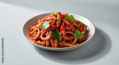 Spicy fried anchovies with chili and onions on a plate