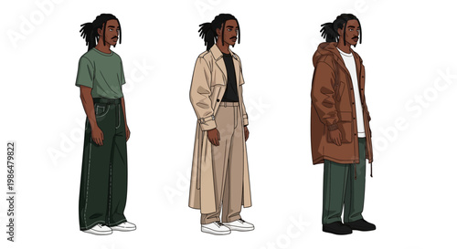 Portrait sequence showing a man modeling three outfits in casual, formal, and traditional styles.