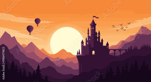 Sunset Over a Distant Castle Amid Purple Mountains with Balloons and Birds.