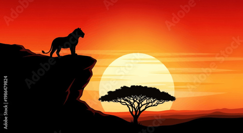 Silhouette of a big cat on a cliff overlooking the savanna at sunset with an Acacia tree.