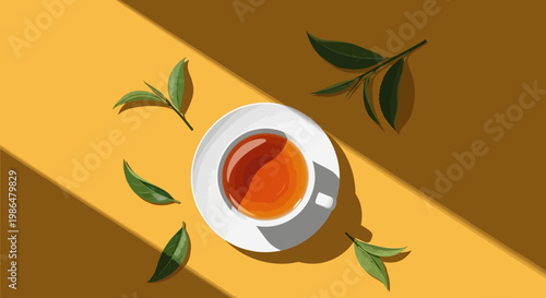 Top view cup of tea with scattered leaves on brown surface, presenting a warm, inviting beverage scene.