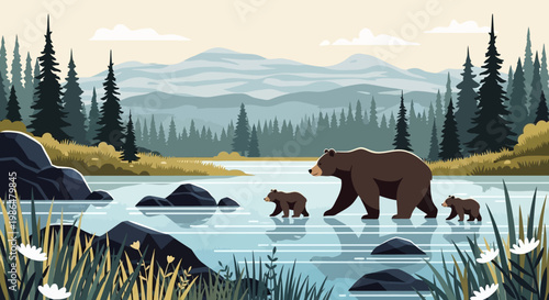 Family of Bears in a Tranquil River Scene by a Pine Forest.